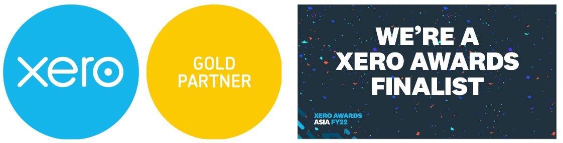 Two circles display "Xero" and "Gold Partner" alongside a rectangle proclaiming "We're a Xero Awards Finalist," all adorned with festive confetti design. A nod to our excellence in xero accounting.
