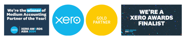 The image showcases four graphics associated with Xero Awards, featuring accolades like "Medium Accounting Partner of the Year," "Xero Gold Partner," and "Xero Awards Finalist Asia 2024." These honors highlight the excellence in Xero accounting practices.