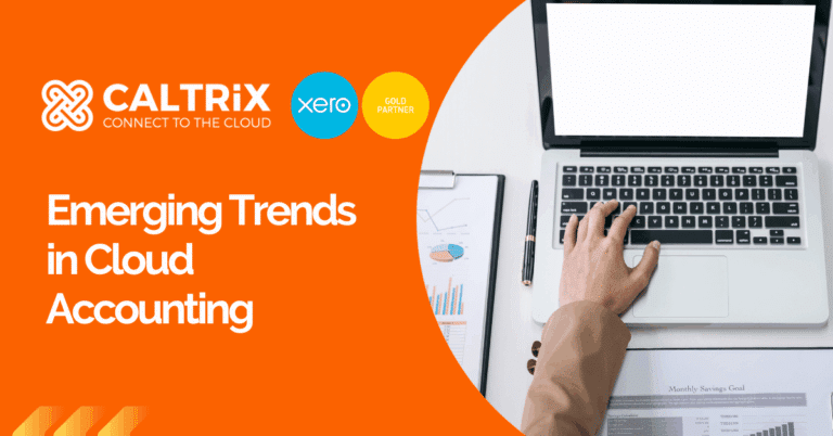 A person works on a laptop at a desk with financial documents, next to text and logos about emerging trends in cloud accounting by Caltrix.