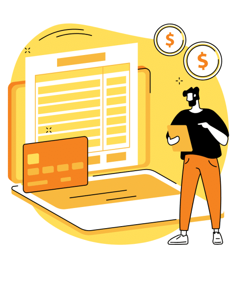 Illustration of a person holding a tablet next to a large laptop displaying financial data, coins, and a credit card, representing online financial management with Xero for e-commerce business.