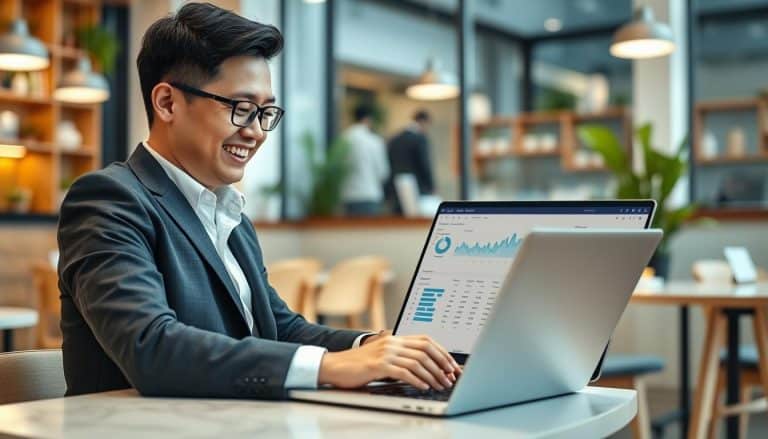 Malaysian SME owner reviewing cloud accounting dashboard on laptop with a smile