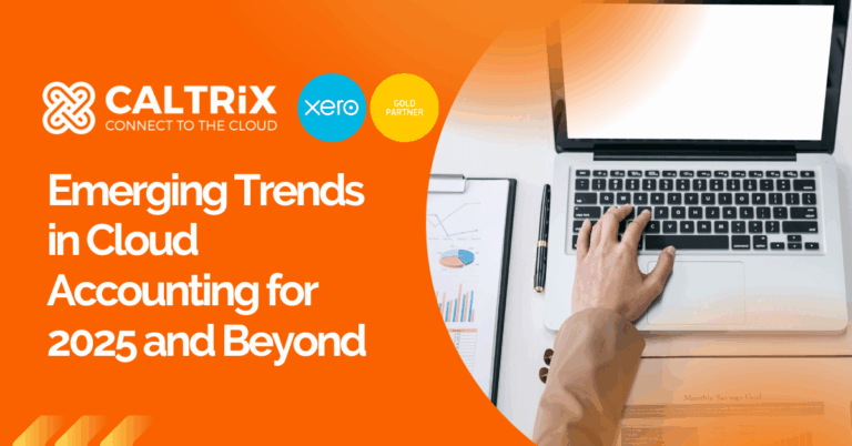 A person using a laptop at a desk with documents, alongside text about the cloud accounting future and emerging trends for 2025 and beyond, featuring Caltrix and Xero logos.