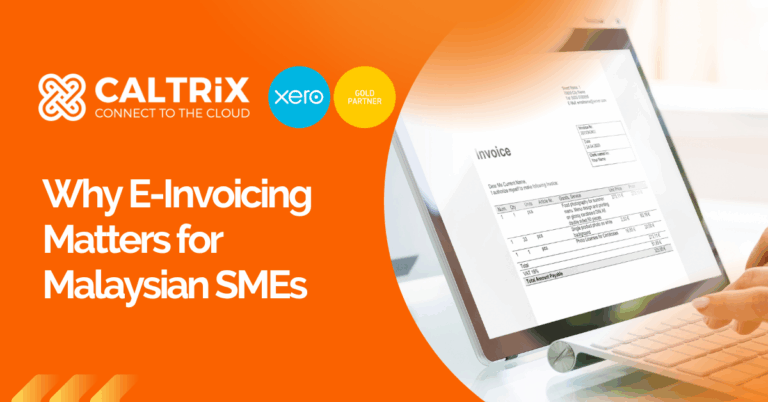 A person uses a tablet to view an invoice, highlighting the benefits of e invoicing with the text: "Why E-Invoicing Matters for Malaysian SMEs" and logos for Caltrix and Xero on an orange background.