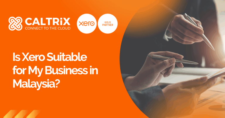 Caltrix and Xero logos with text asking if Xero is suitable for businesses in Malaysia; background shows hands holding pens and documents.