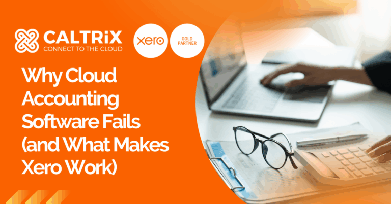 A person types on a laptop near printed charts and glasses, with text promoting Xero cloud accounting software by Caltrix.