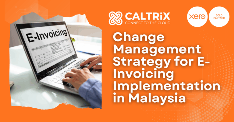 Person typing on a laptop with an e-invoicing form on the screen, alongside text about change management strategy for e-invoicing in Malaysia.