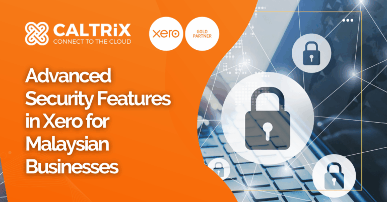 Promotional banner for Caltrix and Xero featuring padlock icons, a laptop keyboard, and text about advanced security features for Malaysian businesses.