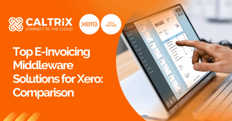 A person points to an invoice displayed on a laptop screen. The image promotes Caltrix middleware solutions for Xero, with logos and comparison text on an orange background.