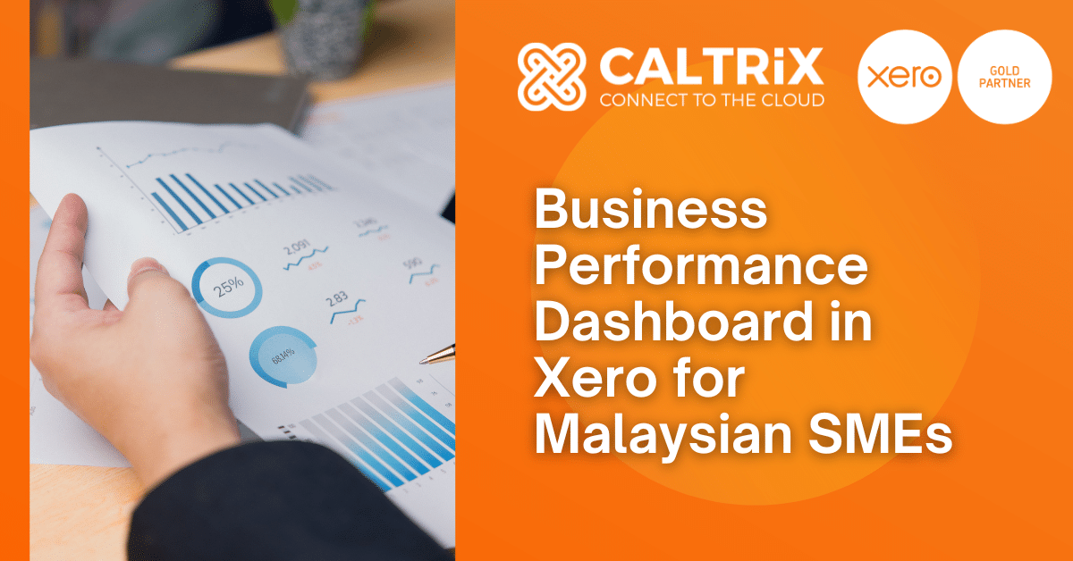 A person reviews a printed business performance dashboard with charts and graphs, alongside Caltrix and Xero branding targeting Malaysian SMEs.