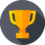 A flat design illustration of a gold trophy with handles on both sides, set against a dark gray circular background with a long shadow—perfect for celebrating bookkeeping achievements.