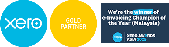 Xero Partner + Award Xero logo, Gold Partner badge, and a banner stating "We're the winner of e-Invoicing Champion of the Year (Malaysia), Xero Awards Asia 2025—your trusted partner in innovative bookkeeping solutions.