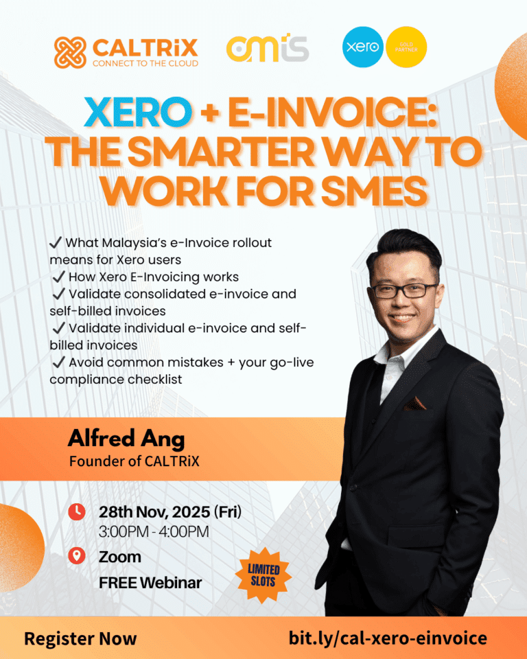 A promotional poster for a free webinar on Xero e-Invoicing for SMEs and xero for e-commerce business, featuring Alfred Ang, with event details, main topics, and registration link.