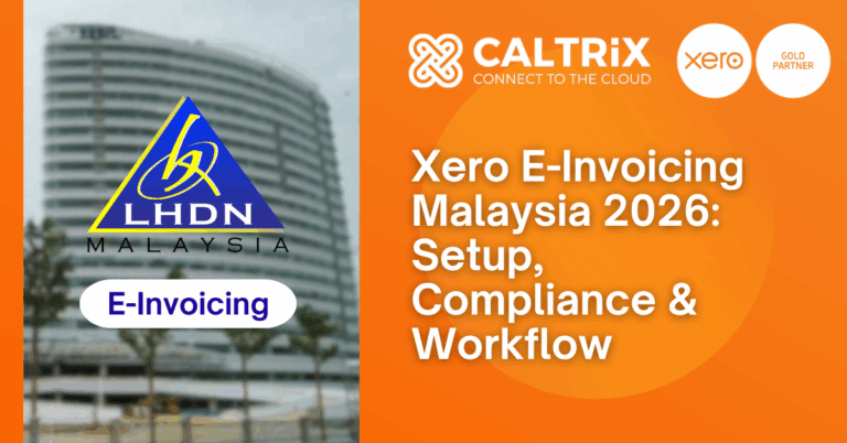 A promotional banner for Xero e-invoicing in Malaysia by CALTRiX, featuring the LHDN logo and text about setup, compliance, and workflow for 2026.