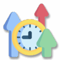 Improved Efficiency Illustration of a clock in front of three upward-pointing arrows in blue, red, and green, symbolizing time management or increased productivity.