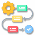 Streamlined Processes Flowchart with a yellow gear, three colored process boxes connected by arrows, and ending with a blue circle containing a white checkmark.