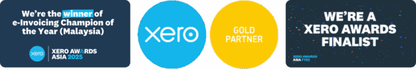 Four digital badges: Xero e-Invoicing Champion of the Year (Malaysia) winner, Xero logo, Xero Gold Partner, and Xero Awards Finalist.
