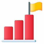 Three ascending red bars with a yellow flag on the tallest bar, representing progress or achievement.