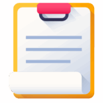 Illustration of a clipboard with a yellow border, a pink clip at the top, and a partially rolled-up sheet of paper displaying three horizontal lines.