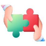 Two hands each hold a puzzle piece, one green and one red, connecting them together.