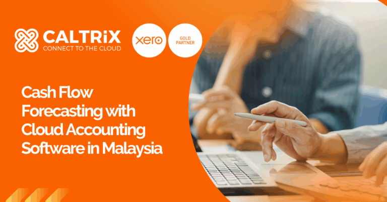 Two people working on laptops, with one person holding a pen. Text promotes cash flow forecasting with cloud accounting software in Malaysia by Caltrix, a Xero Gold Partner.