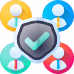 Work with Us Illustration of four faceless people in colored circles around a large shield with a checkmark symbol, representing security or verified users.
