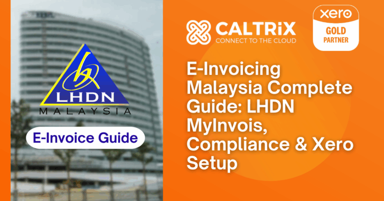 E-Invoicing Malaysia guide banner featuring LHDN logo, building image, and Caltrix and Xero Gold Partner logos with text about compliance and setup.